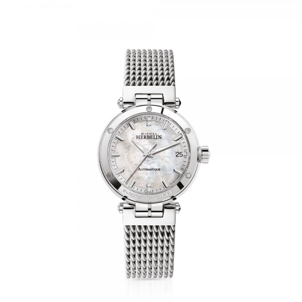 damenautomatik mit perlmutt diamantzifferblatt und milanesarmband