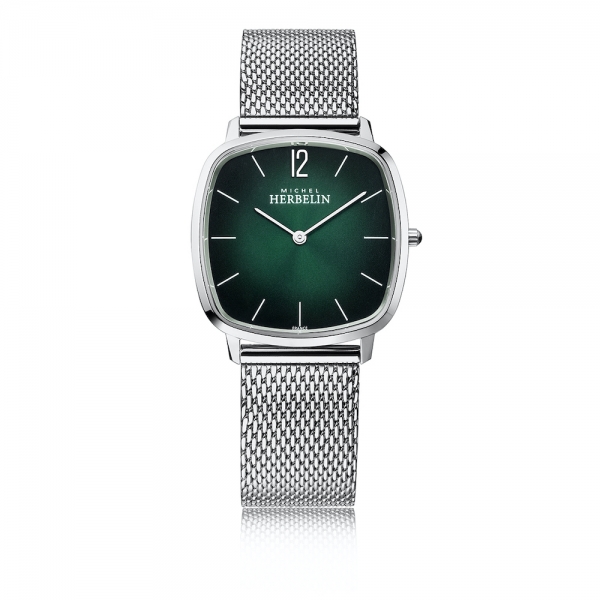 michel herbelin herrenuhr city 16905/16B ultra flach grünes zifferblatt und lederband