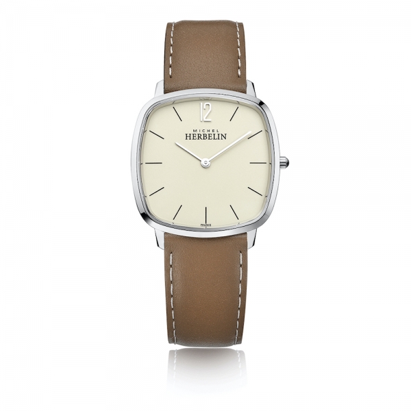 michel herbelin herrenuhr city 16905/15bl ultra flach creme zifferblatt und lederband